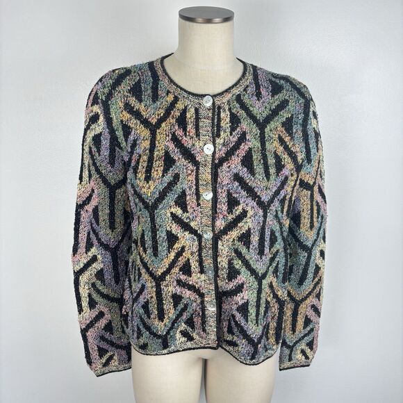 Vtg 90s Y2K South Cotton Womens L Hand Knitted Cardigan Sweater Heavy Y Pattern - Picture 1 of 11